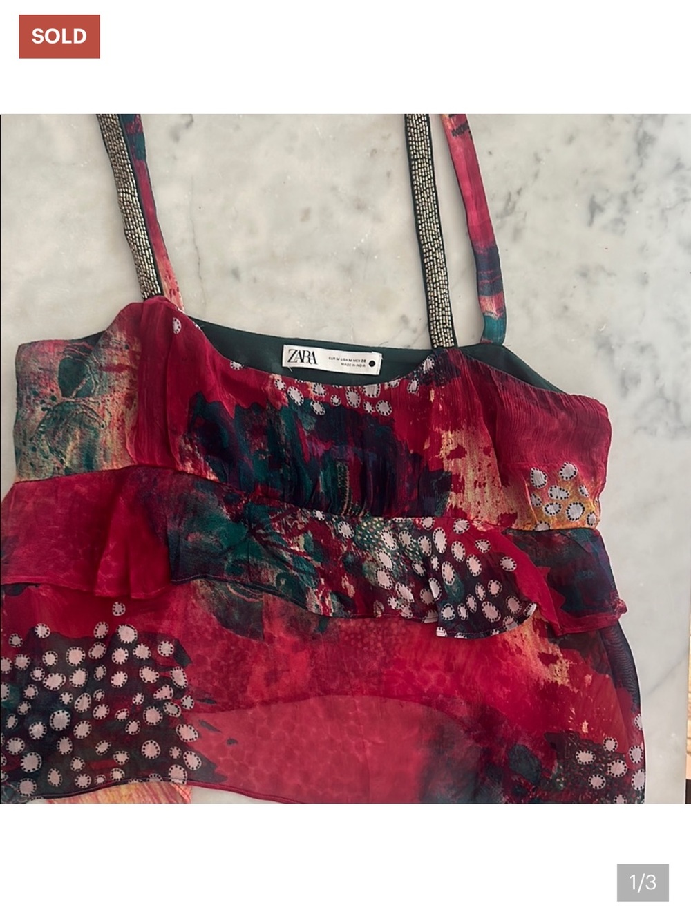 Zara Red Multicolor Abstract Ruffle Cami